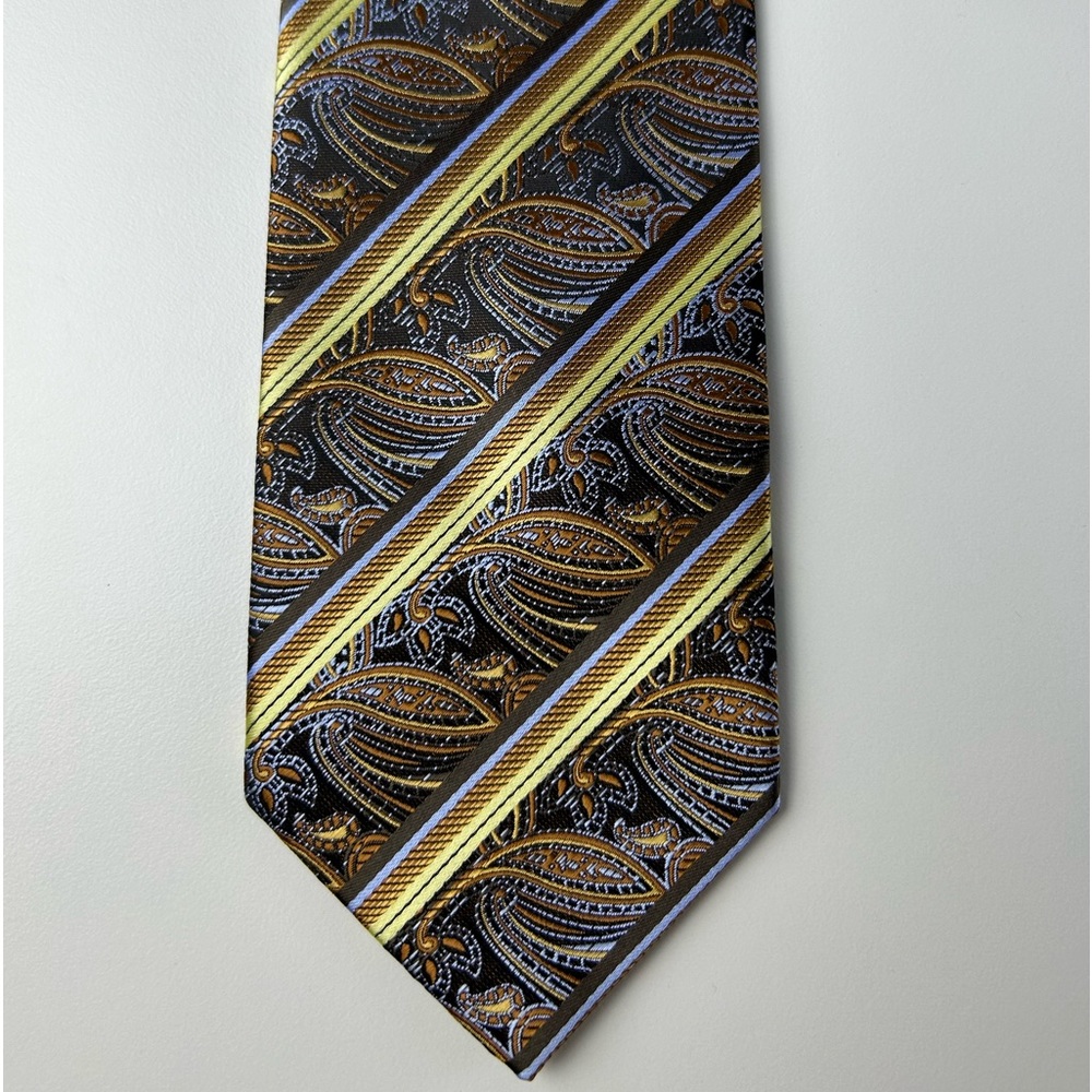 Bill Robinson Mens Paisley Stripe Tie‎ Brown Gold Blue Formal Necktie